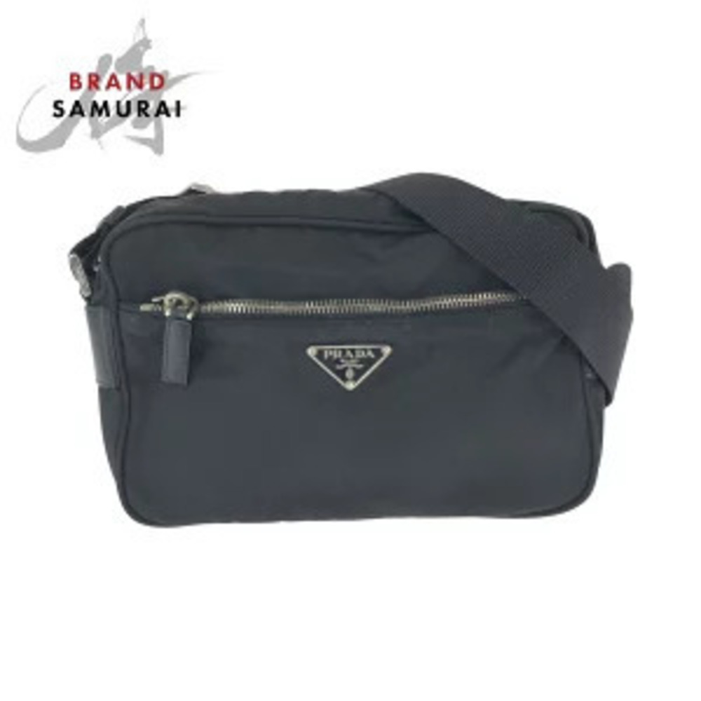 Prada Tessuto triangular plate black leather shoulder bag camera pochette